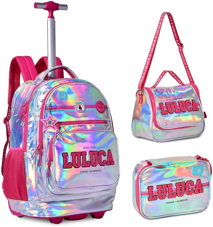 MOCHILA LANCHEIRA E ESTOJO LULUCA KIT ESCOLAR HOLOGRÁFICO