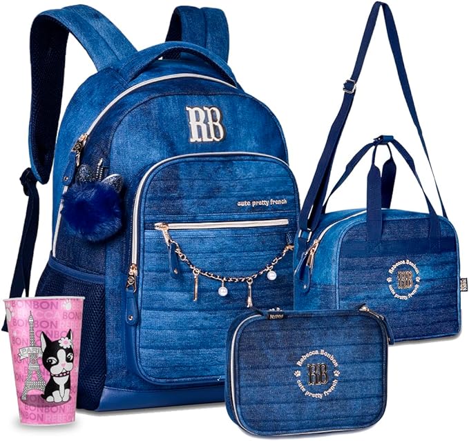 Kit Mochila Rebecca Bonbon Jeans Escolar Com Estojo e Lancheira Térmica