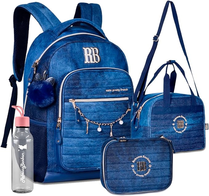 Kit Mochila Rebecca Bonbon Jeans Escolar Com Estojo e Lancheira Térmica