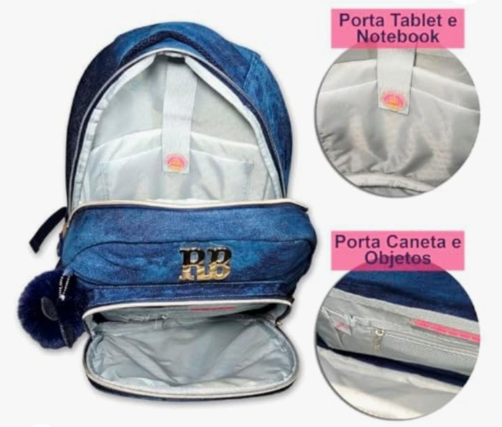 Kit Mochila Rebecca Bonbon Jeans Escolar Com Estojo e Lancheira Térmica