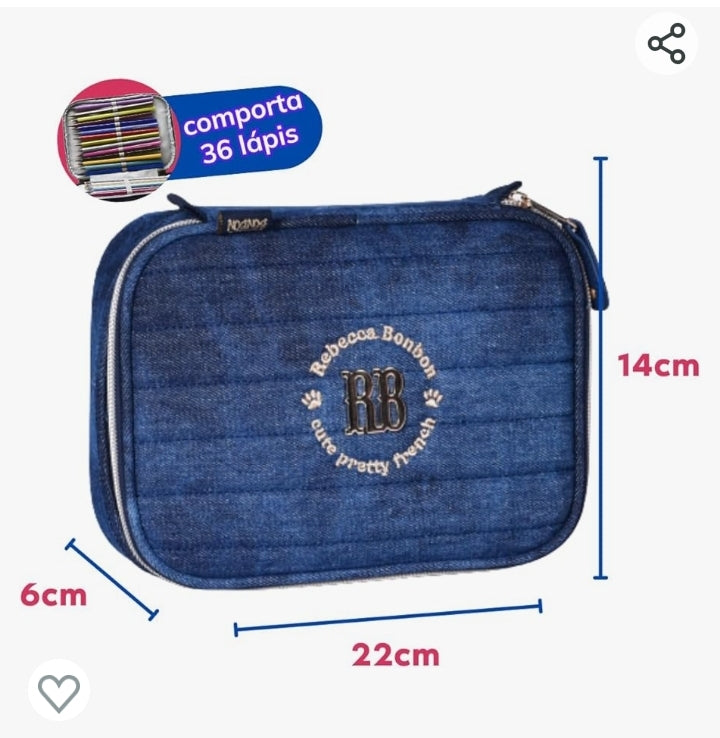 Kit Mochila Rebecca Bonbon Jeans Escolar Com Estojo e Lancheira Térmica